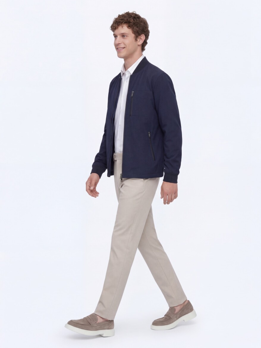 Navy Blue Plain Regular Fit Lightweight Jacket - 2