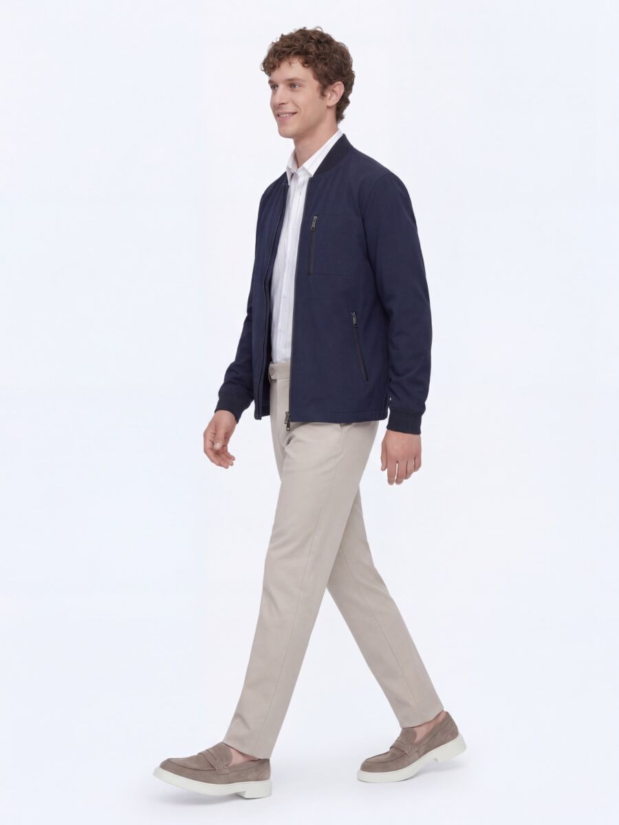 Navy Blue Plain Regular Fit Lightweight Jacket - 2