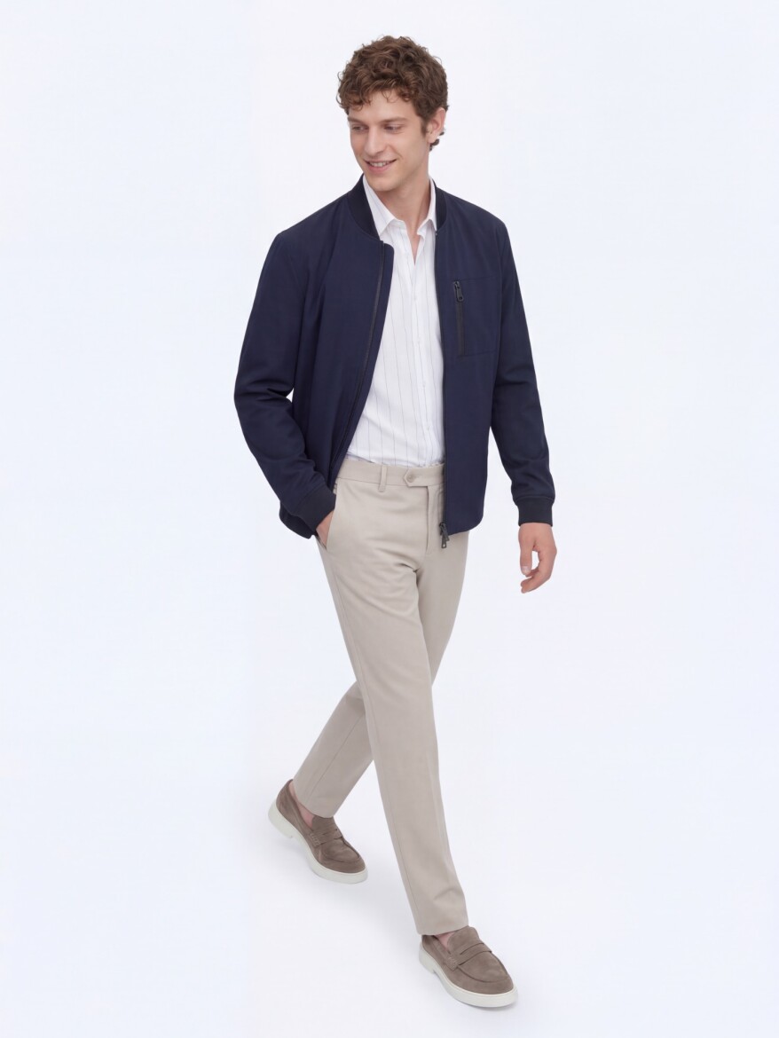 Navy Blue Plain Regular Fit Lightweight Jacket - 3