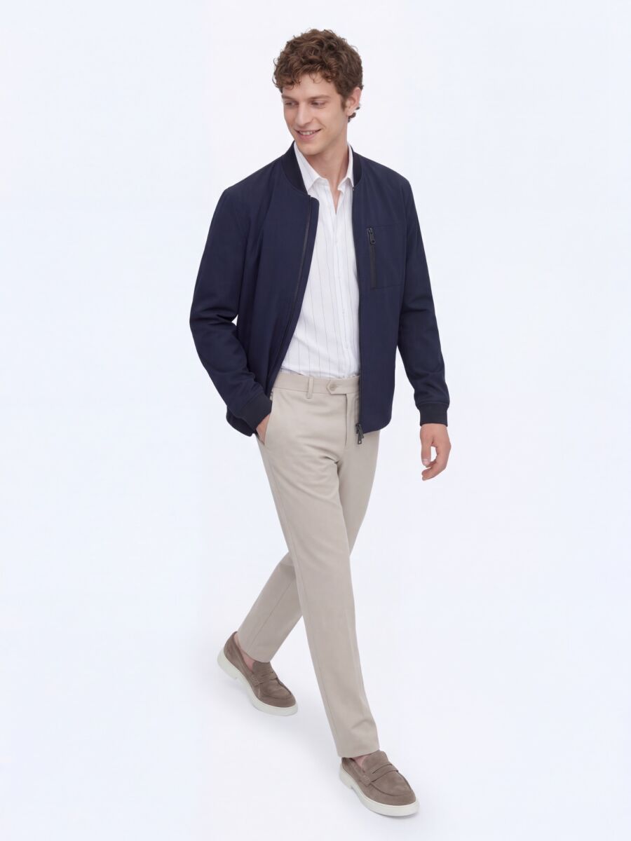 Navy Blue Plain Regular Fit Lightweight Jacket - 3
