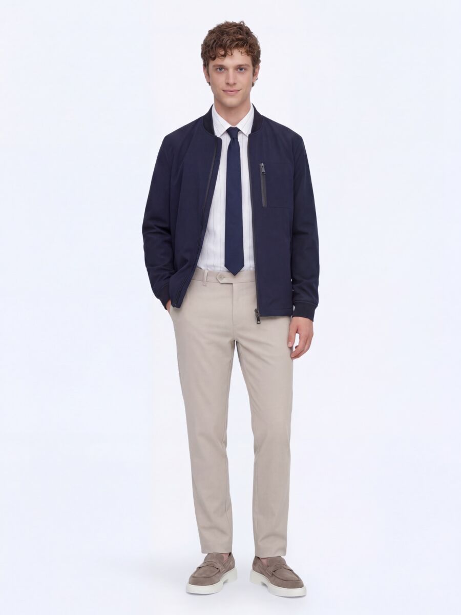 Navy Blue Plain Regular Fit Lightweight Jacket - 4