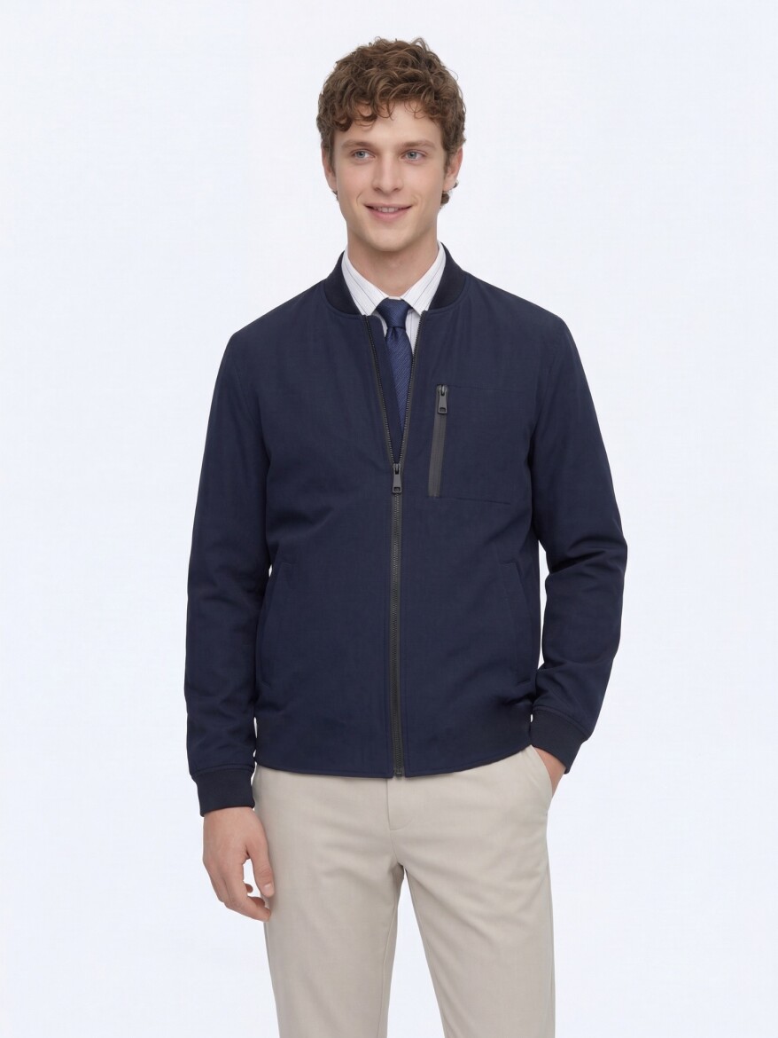 Navy Blue Plain Regular Fit Lightweight Jacket - 5