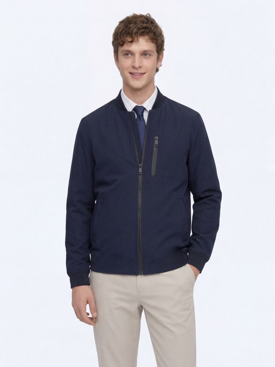 Navy Blue Plain Regular Fit Lightweight Jacket - 5