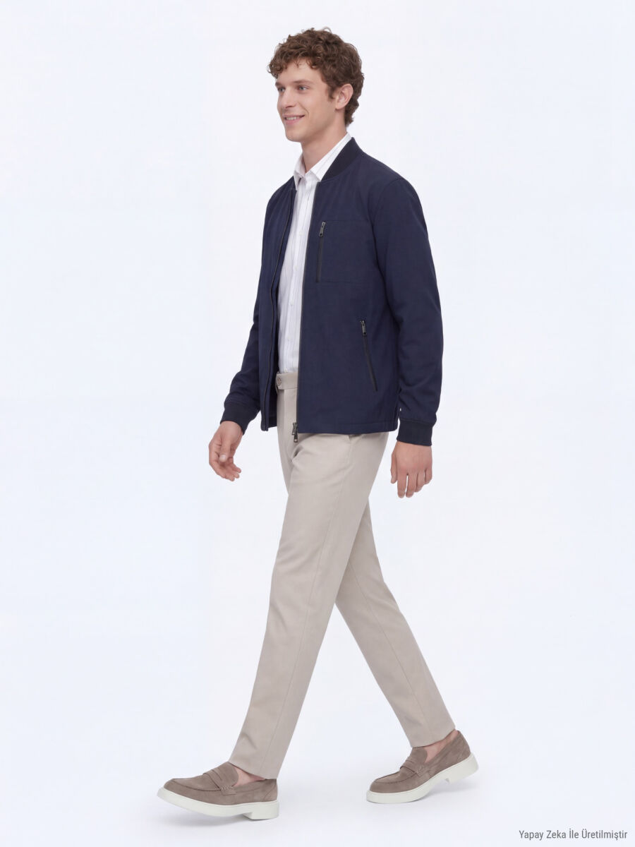 Navy Blue Plain Regular Fit Lightweight Jacket - 2
