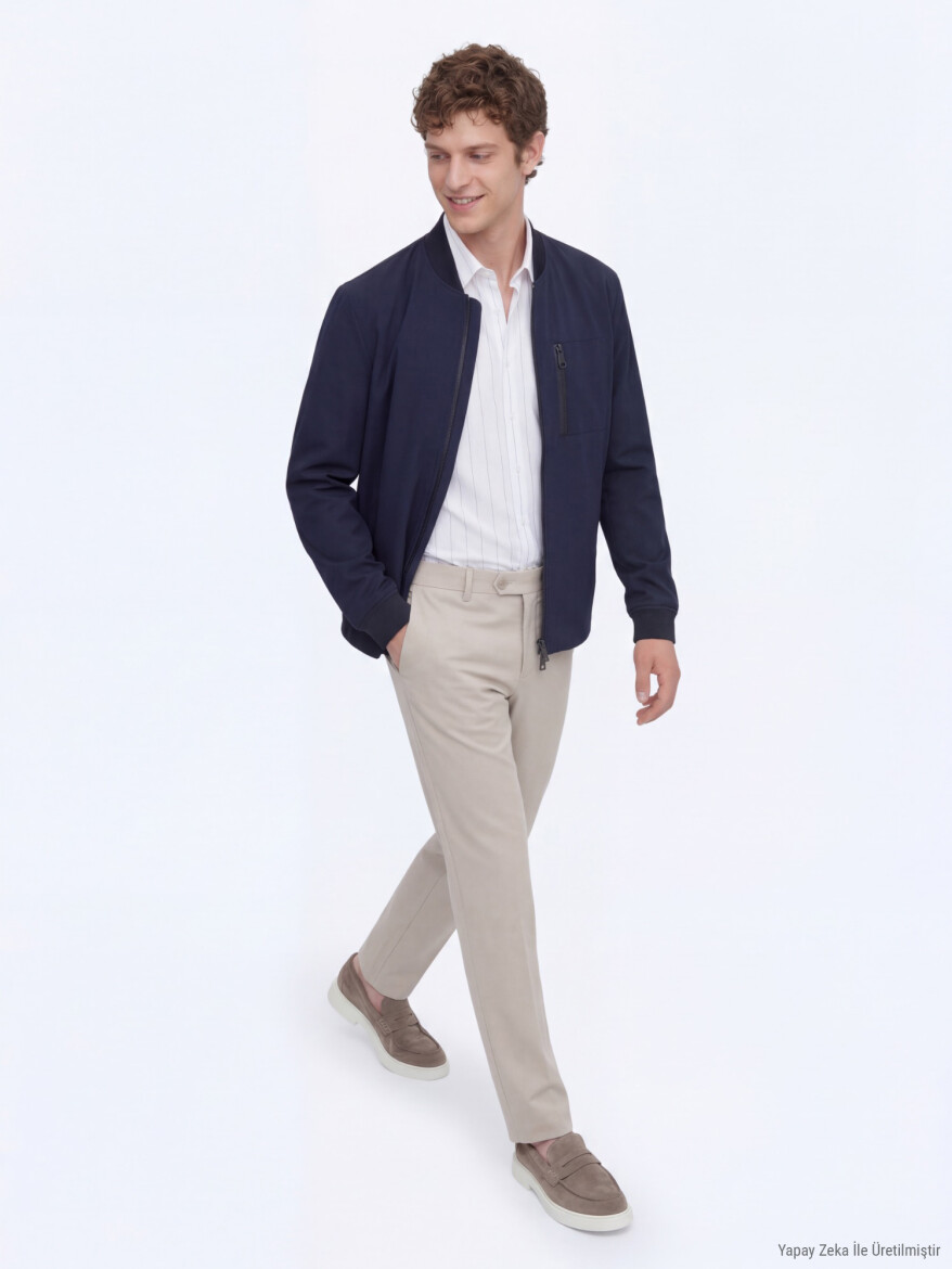 Navy Blue Plain Regular Fit Lightweight Jacket - 3