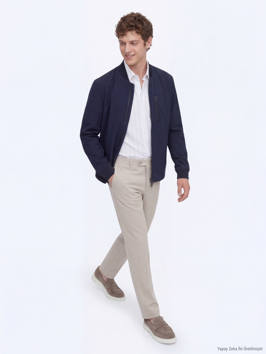 Navy Blue Plain Regular Fit Lightweight Jacket - 3