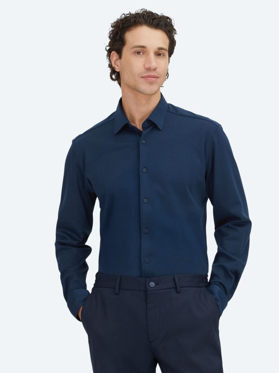 Navy Blue Plain Regular Fit Long Knitting Casual 100% Cotton Shirt - 1