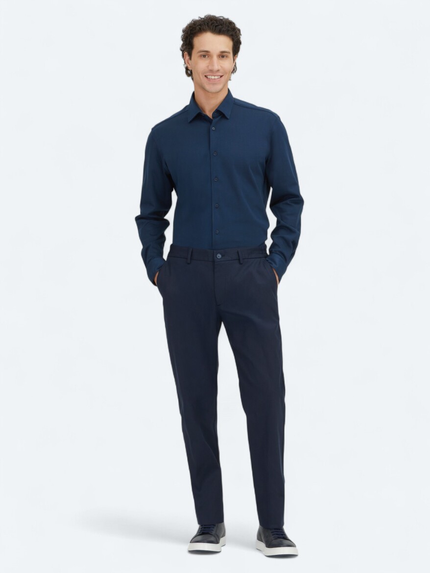 Navy Blue Plain Regular Fit Long Knitting Casual 100% Cotton Shirt - 2