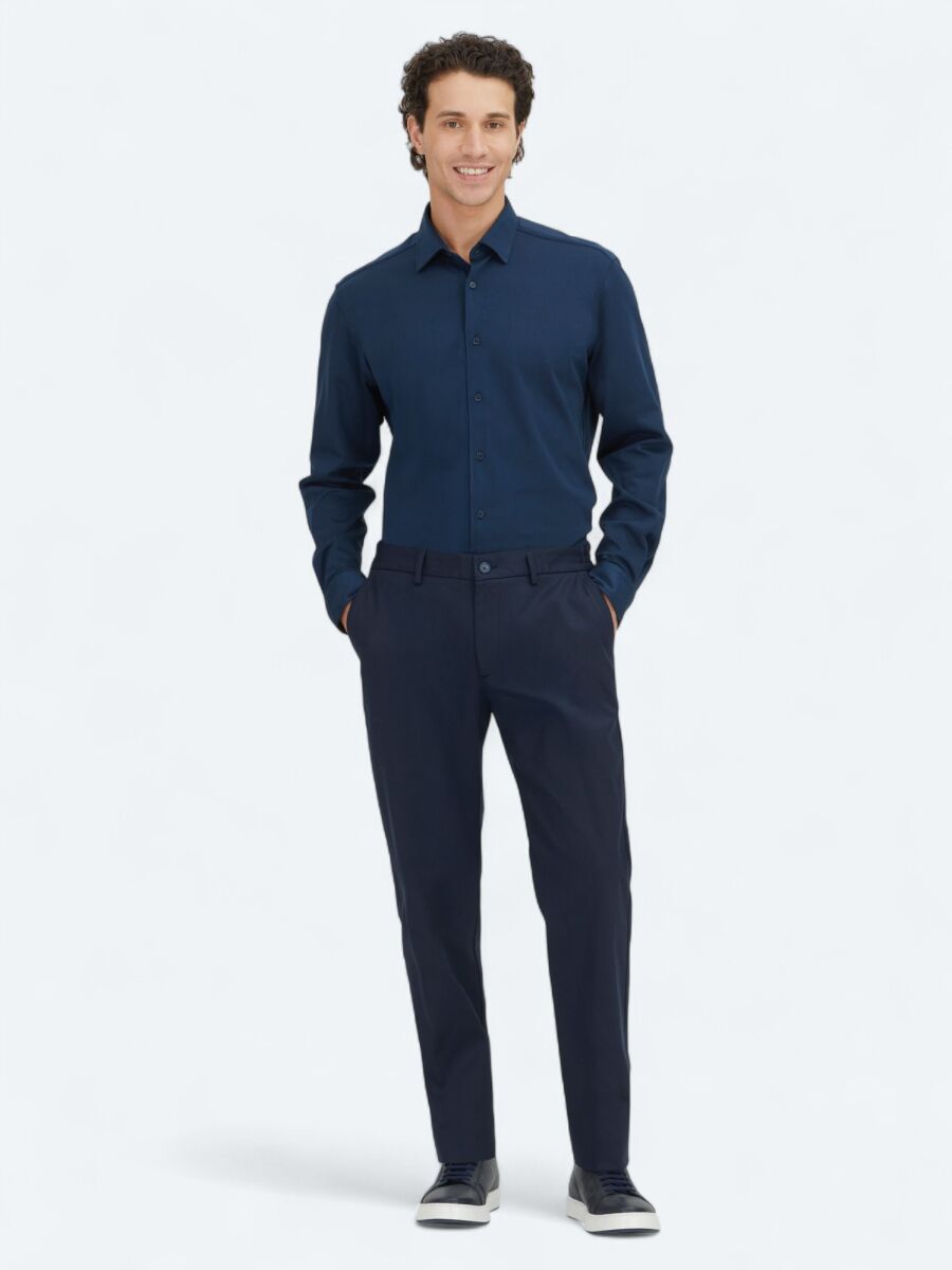 Navy Blue Plain Regular Fit Long Knitting Casual 100% Cotton Shirt - 2