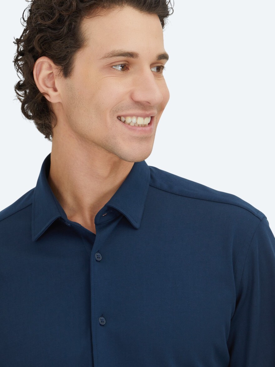 Navy Blue Plain Regular Fit Long Knitting Casual 100% Cotton Shirt - 3