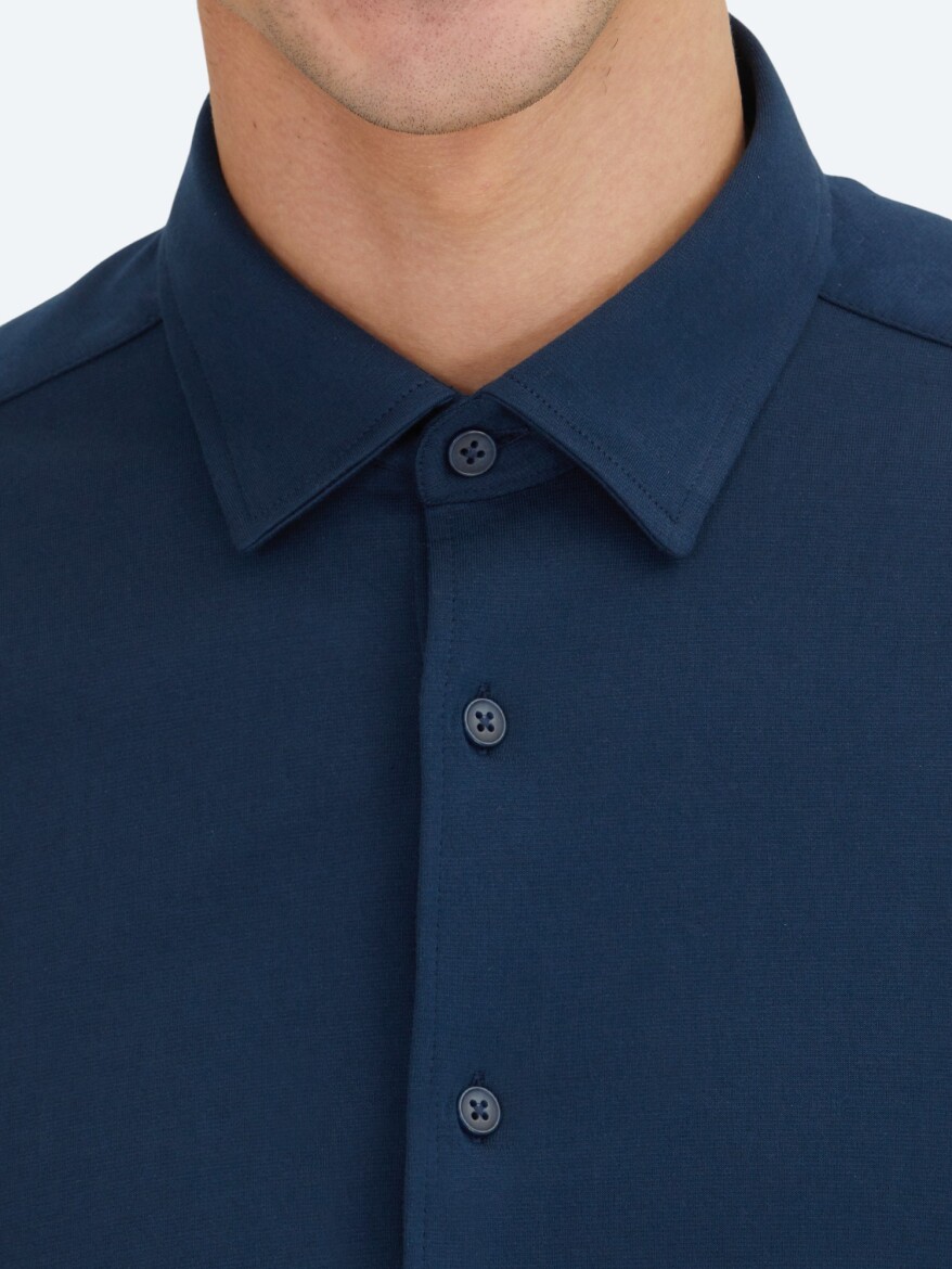 Navy Blue Plain Regular Fit Long Knitting Casual 100% Cotton Shirt - 4