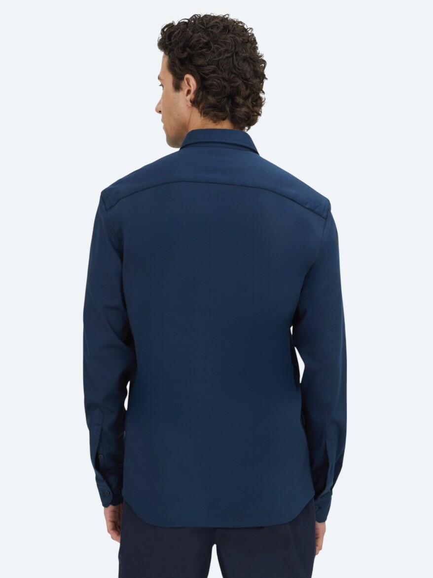 Navy Blue Plain Regular Fit Long Knitting Casual 100% Cotton Shirt - 5