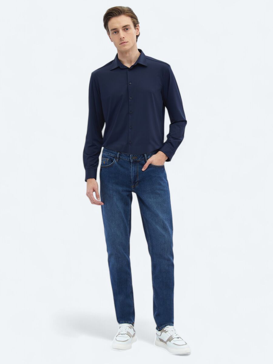 Navy Blue Plain Regular Fit Long Knitting Casual Shirt - 2