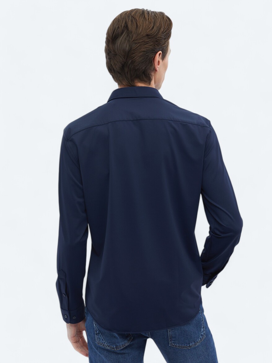 Navy Blue Plain Regular Fit Long Knitting Casual Shirt - 6