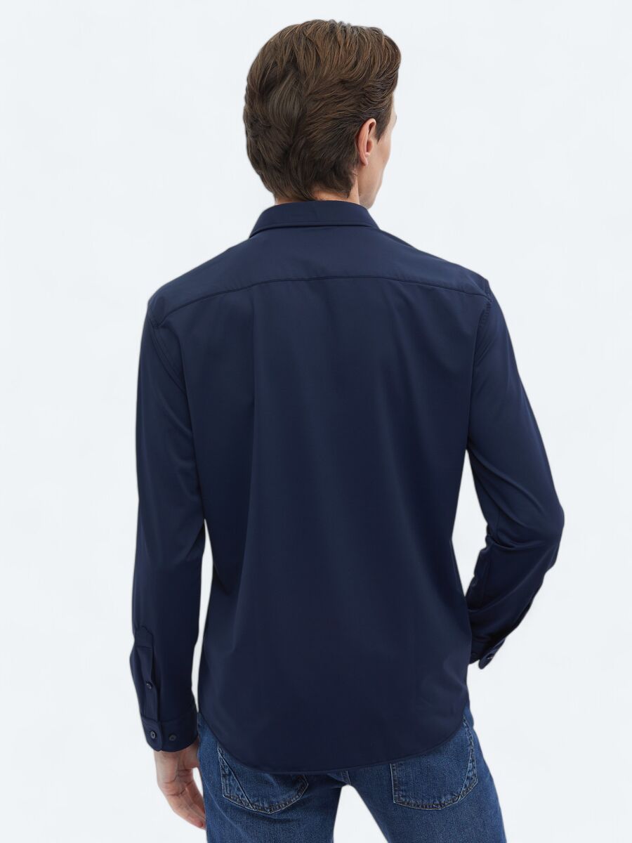 Navy Blue Plain Regular Fit Long Knitting Casual Shirt - 6