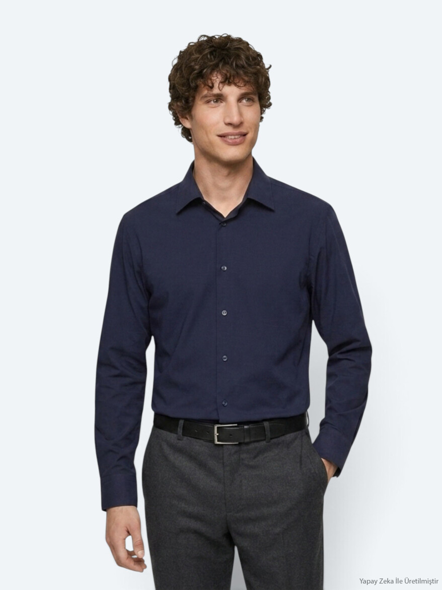Navy Blue Plain Regular Fit Long Knitting Casual Shirt 