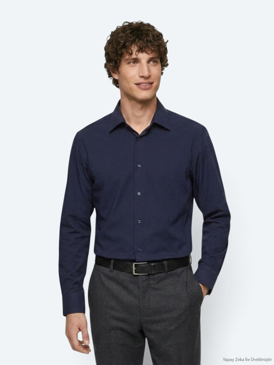 Navy Blue Plain Regular Fit Long Knitting Casual Shirt - 1