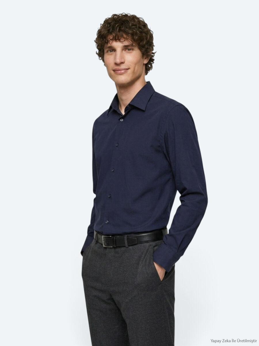 Navy Blue Plain Regular Fit Long Knitting Casual Shirt - 2