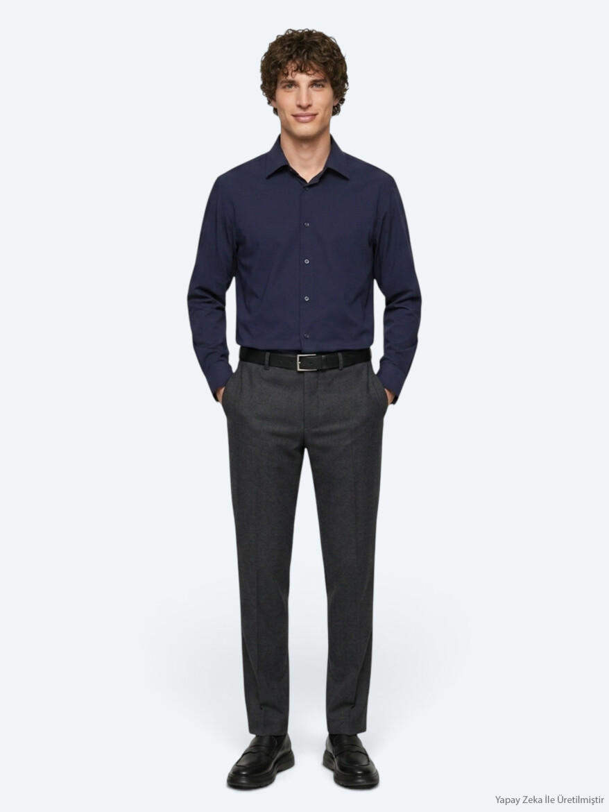 Navy Blue Plain Regular Fit Long Knitting Casual Shirt - 3