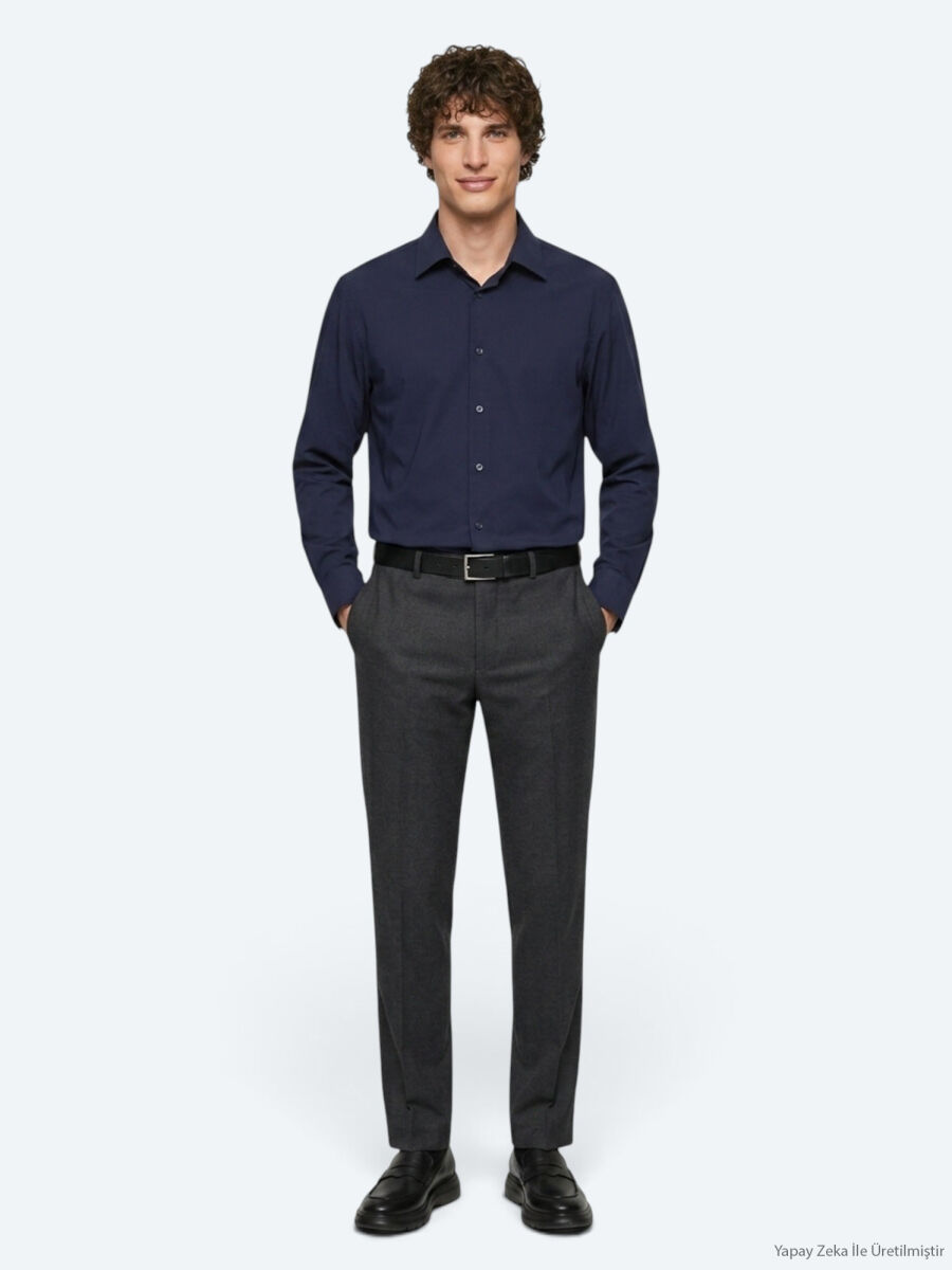 Navy Blue Plain Regular Fit Long Knitting Casual Shirt - 3