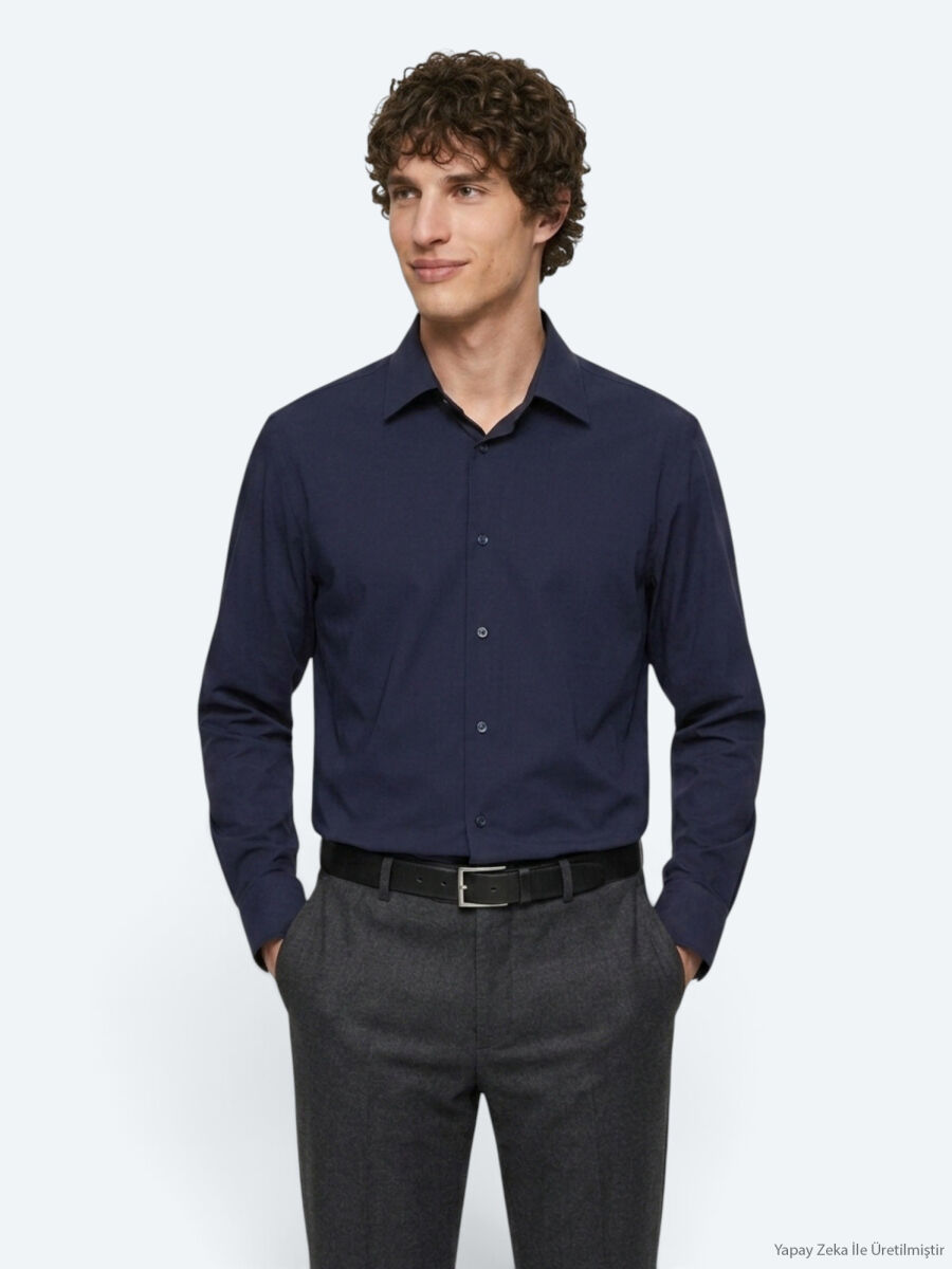 Navy Blue Plain Regular Fit Long Knitting Casual Shirt - 4