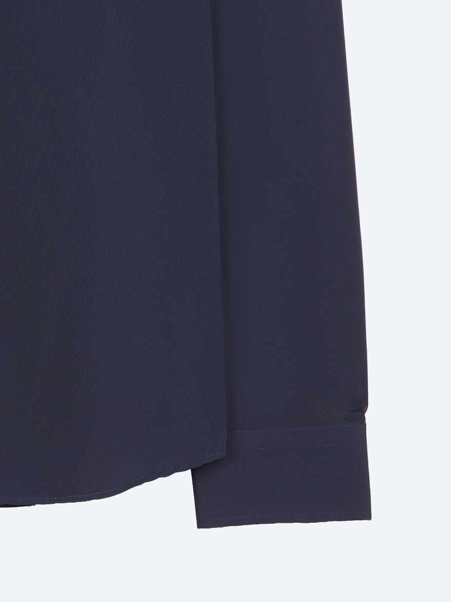 Navy Blue Plain Regular Fit Long Knitting Casual Shirt - 8