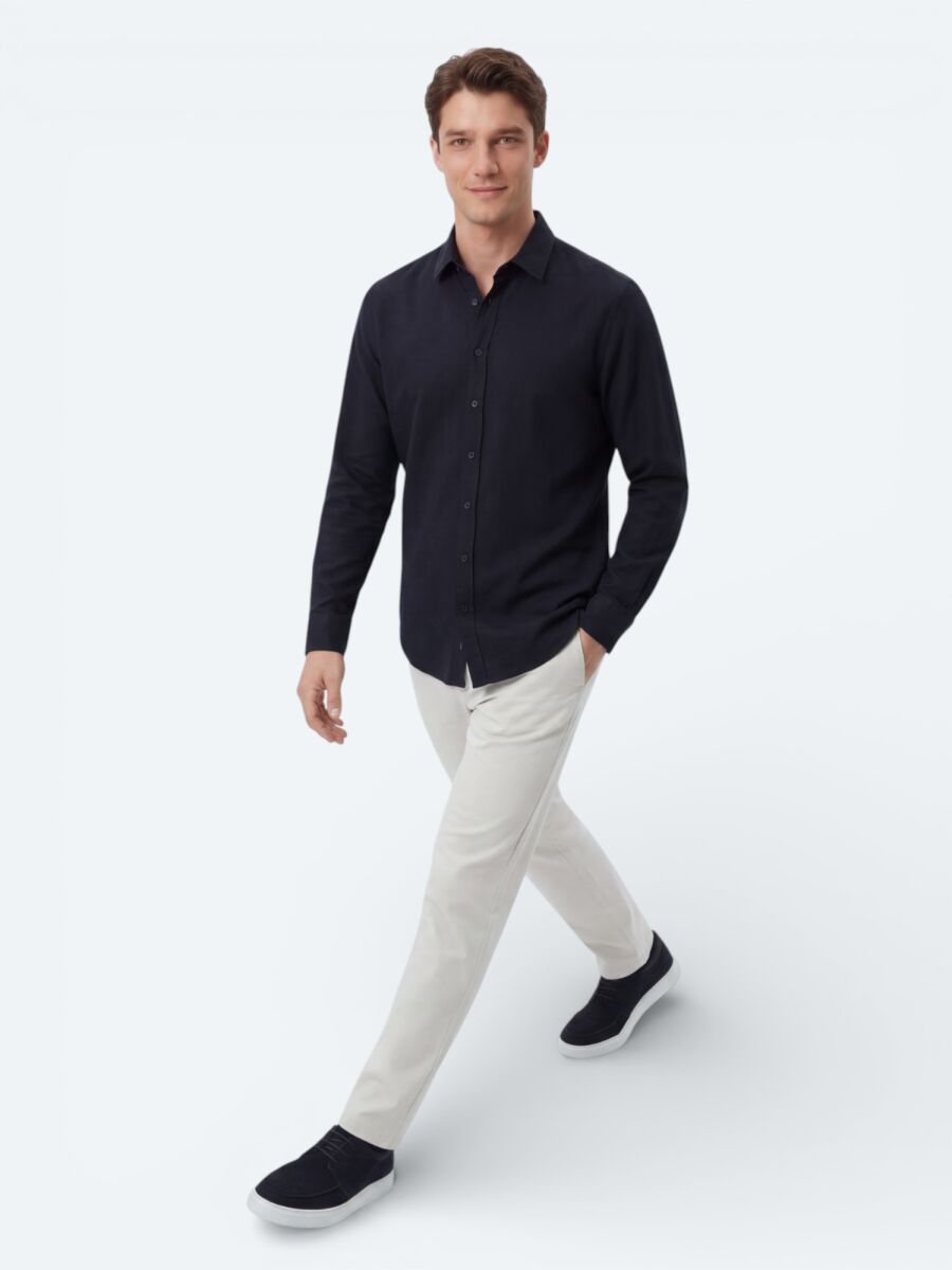 Navy Blue Plain Regular Fit Long Weaving Casual 100% Cotton Shirt - 3