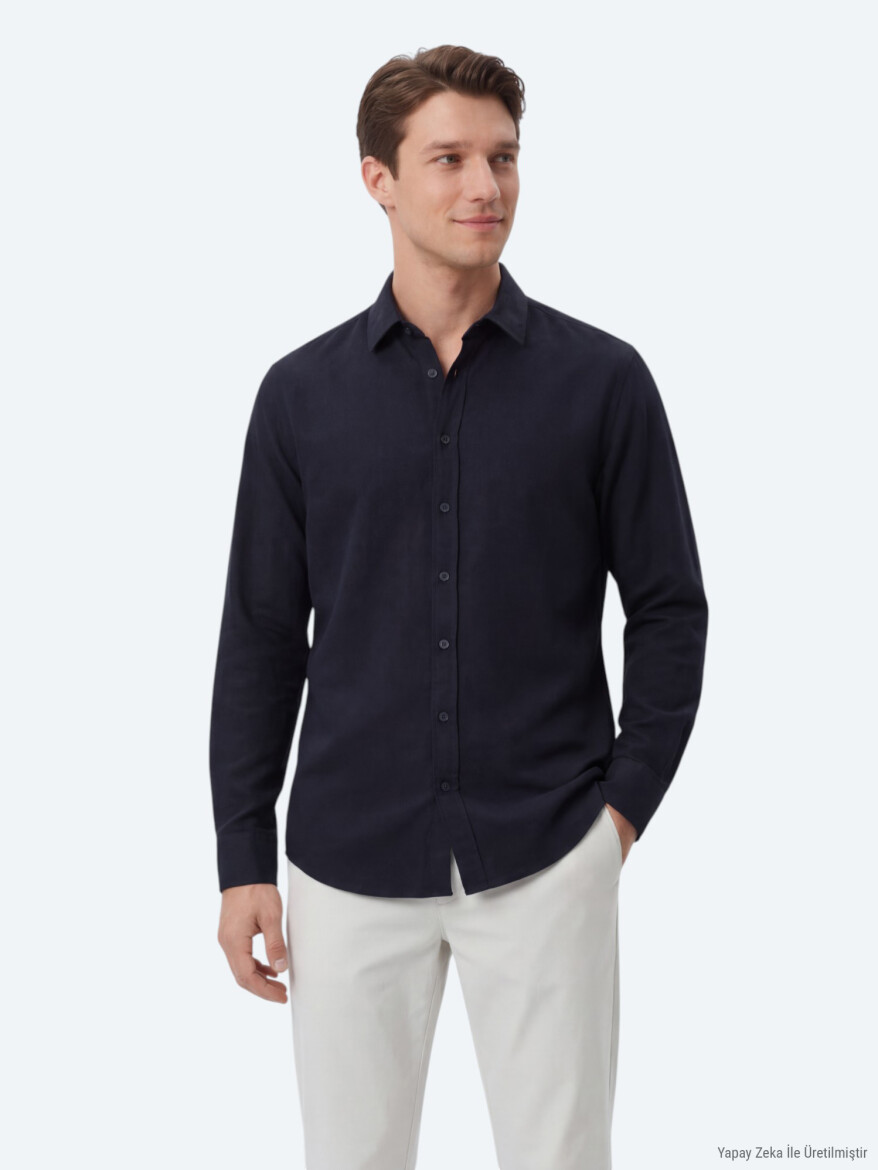 Navy Blue Plain Regular Fit Long Weaving Casual 100% Cotton Shirt 