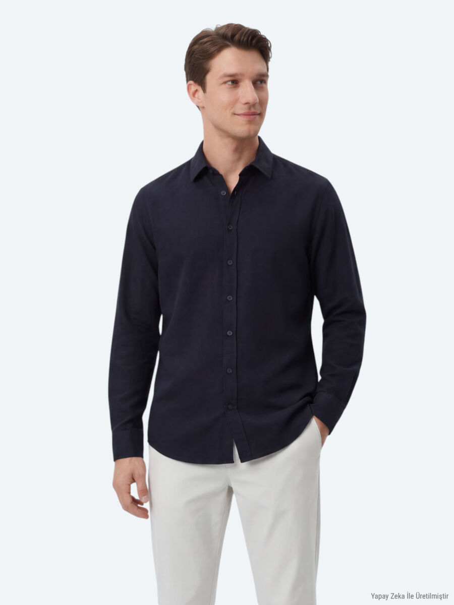 Navy Blue Plain Regular Fit Long Weaving Casual 100% Cotton Shirt - 1