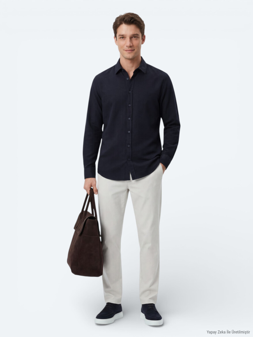 Navy Blue Plain Regular Fit Long Weaving Casual 100% Cotton Shirt - 2