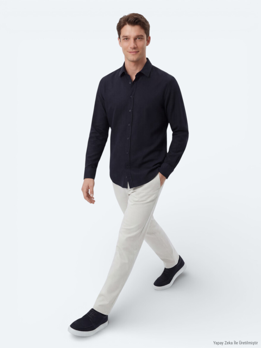 Navy Blue Plain Regular Fit Long Weaving Casual 100% Cotton Shirt - 3