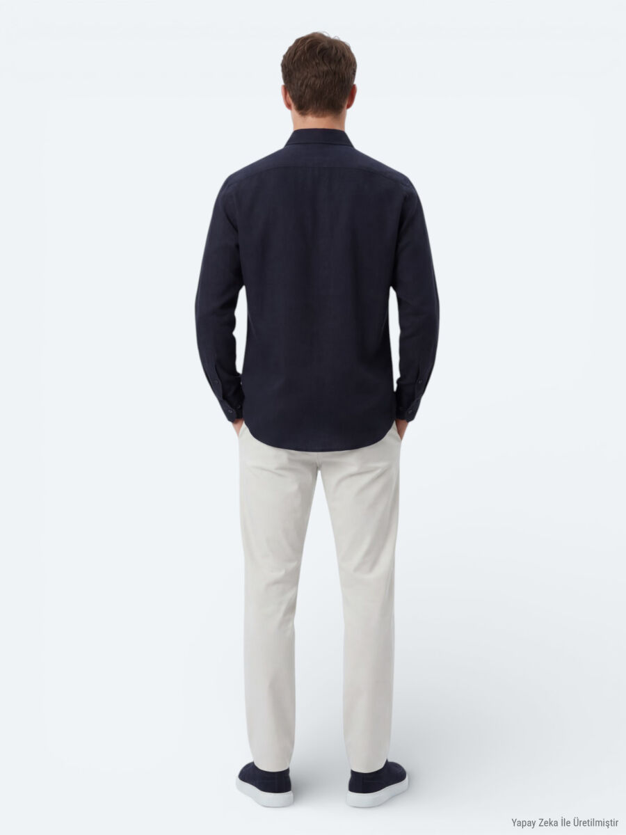 Navy Blue Plain Regular Fit Long Weaving Casual 100% Cotton Shirt - 5