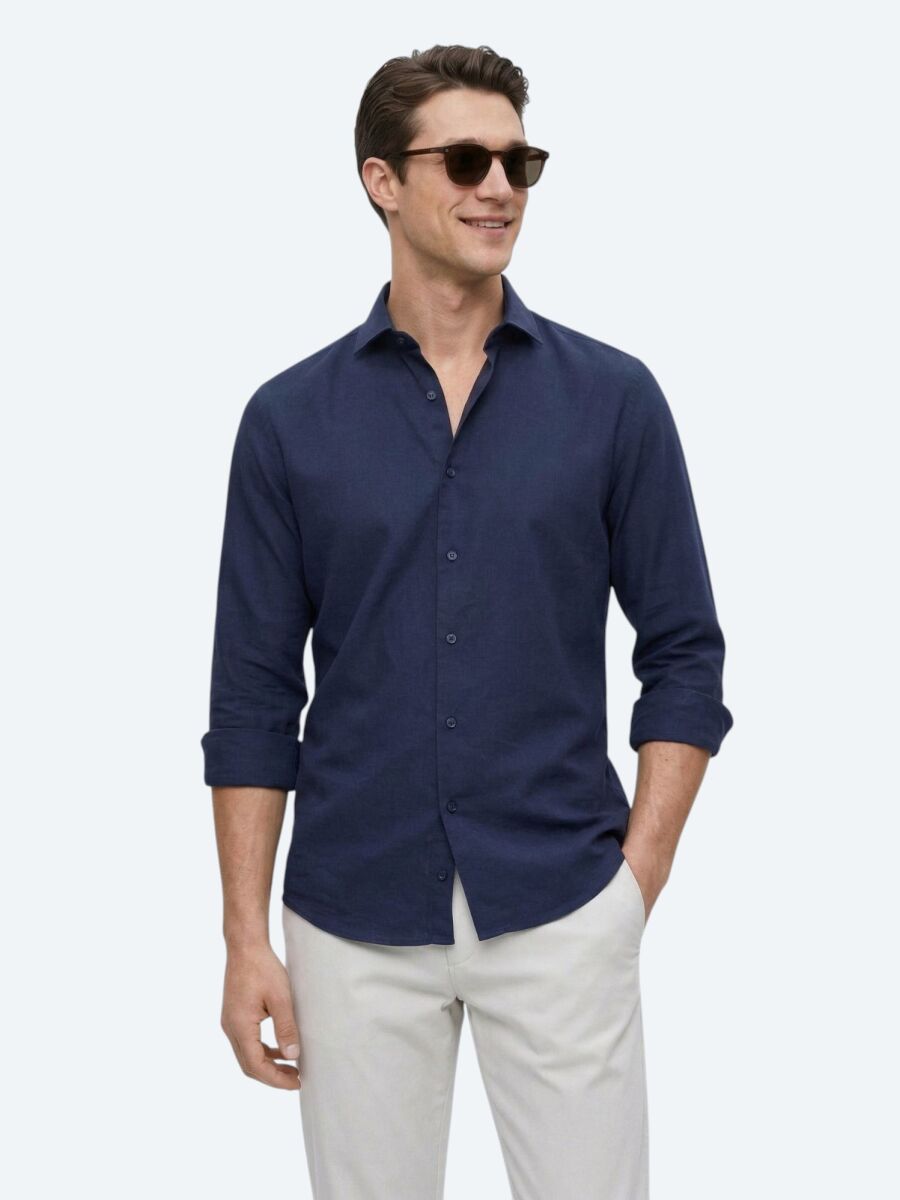 Navy Blue Plain Regular Fit Long Weaving Casual Cotton Blended Shirt - 1
