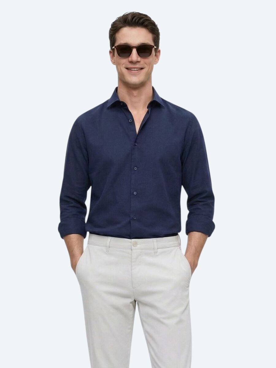 Navy Blue Plain Regular Fit Long Weaving Casual Cotton Blended Shirt - 4