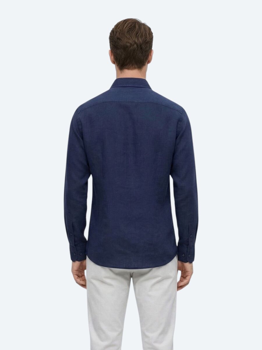 Navy Blue Plain Regular Fit Long Weaving Casual Cotton Blended Shirt - 5