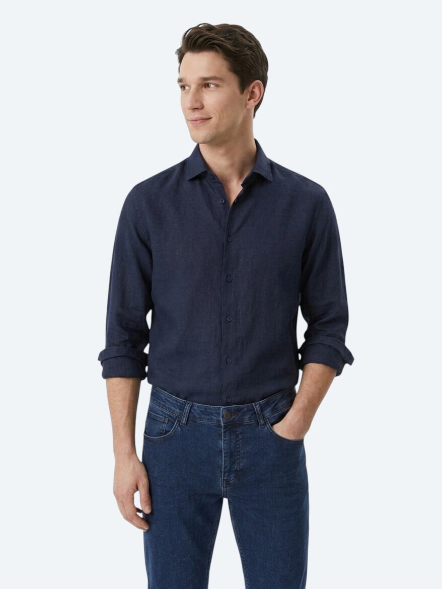 Navy Blue Plain Regular Fit Long Weaving Casual Cotton Blended Shirt - KİP