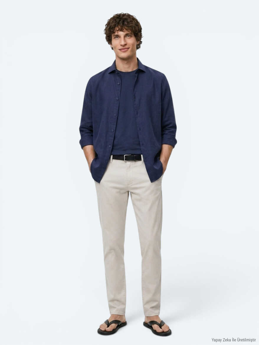 Navy Blue Plain Regular Fit Long Weaving Casual Cotton Blended Shirt 