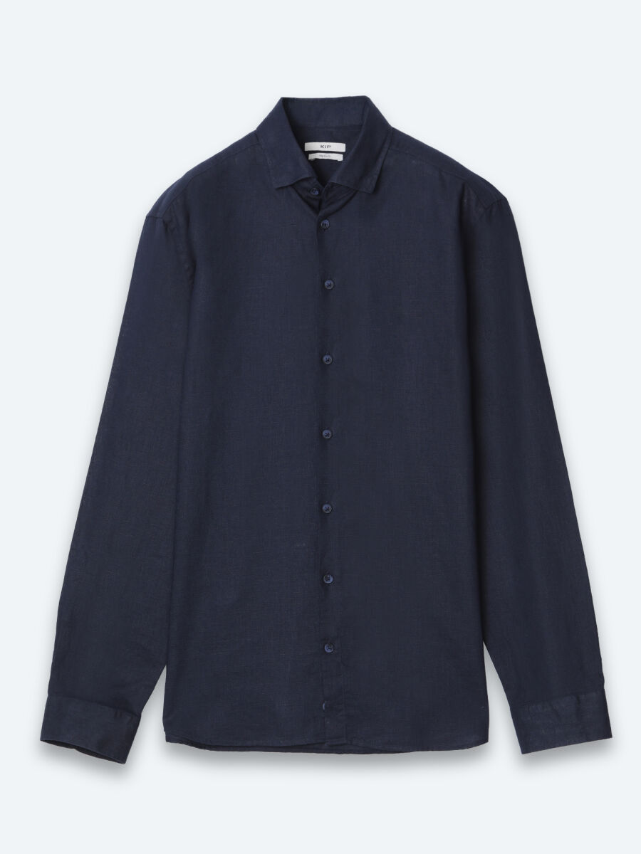 Navy Blue Plain Regular Fit Long Weaving Casual Cotton Blended Shirt - 6