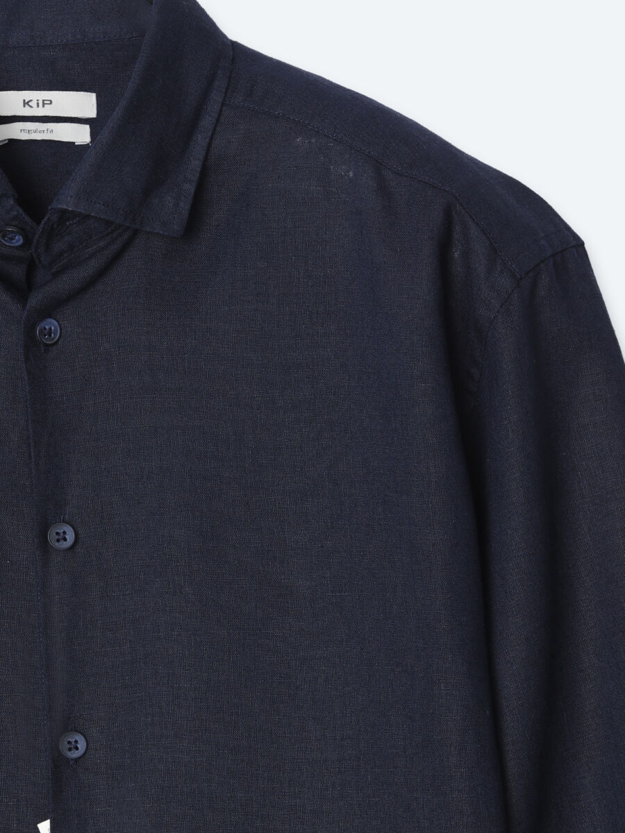 Navy Blue Plain Regular Fit Long Weaving Casual Cotton Blended Shirt - 7