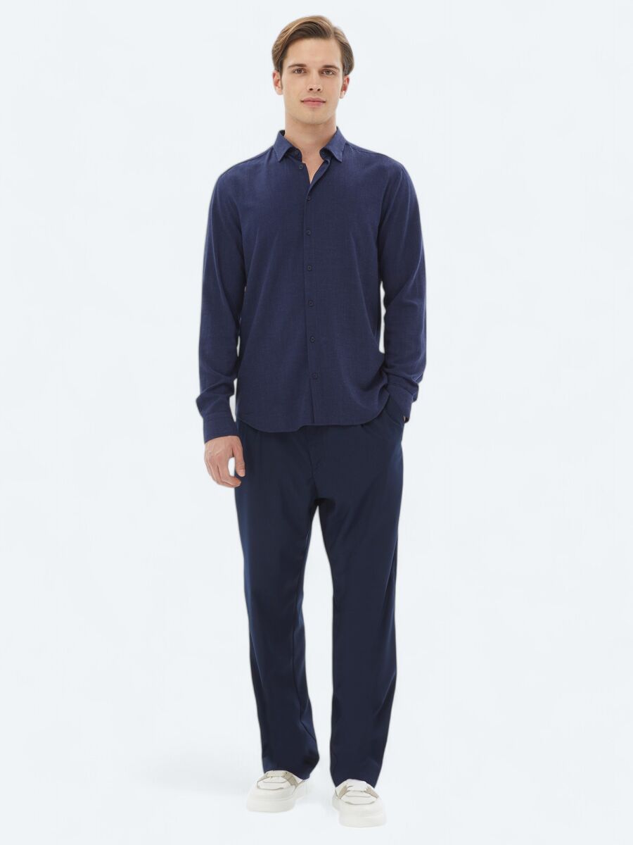Navy Blue Plain Regular Fit Long Weaving Casual Shirt - 2