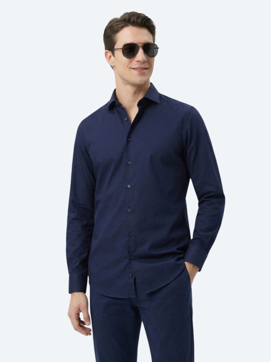 Navy Blue Plain Regular Fit Long Weaving Classical 100% Cotton Shirt 