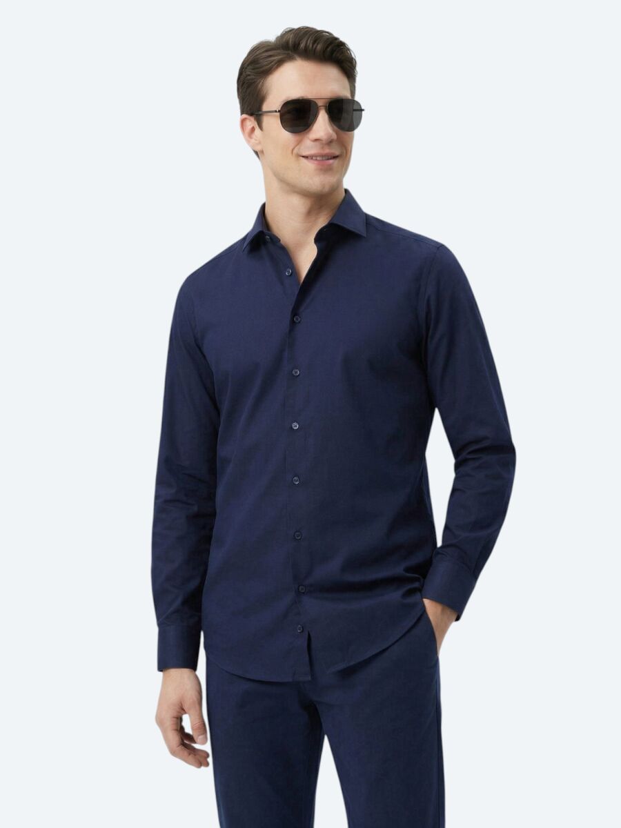Navy Blue Plain Regular Fit Long Weaving Classical 100% Cotton Shirt - 1