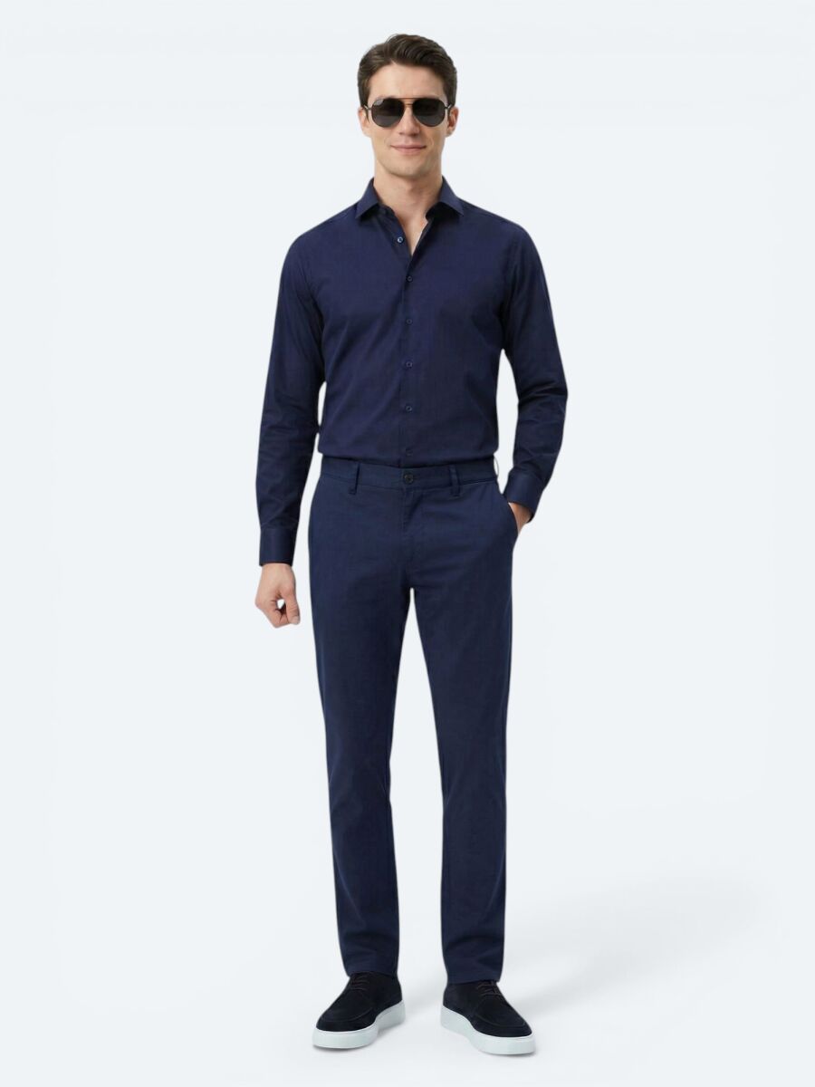 Navy Blue Plain Regular Fit Long Weaving Classical 100% Cotton Shirt - 2