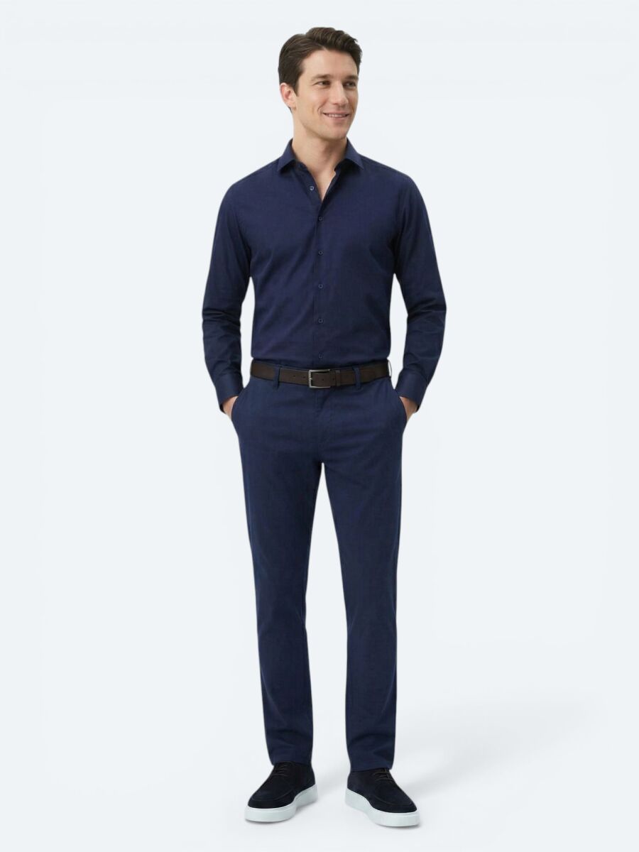 Navy Blue Plain Regular Fit Long Weaving Classical 100% Cotton Shirt - 4