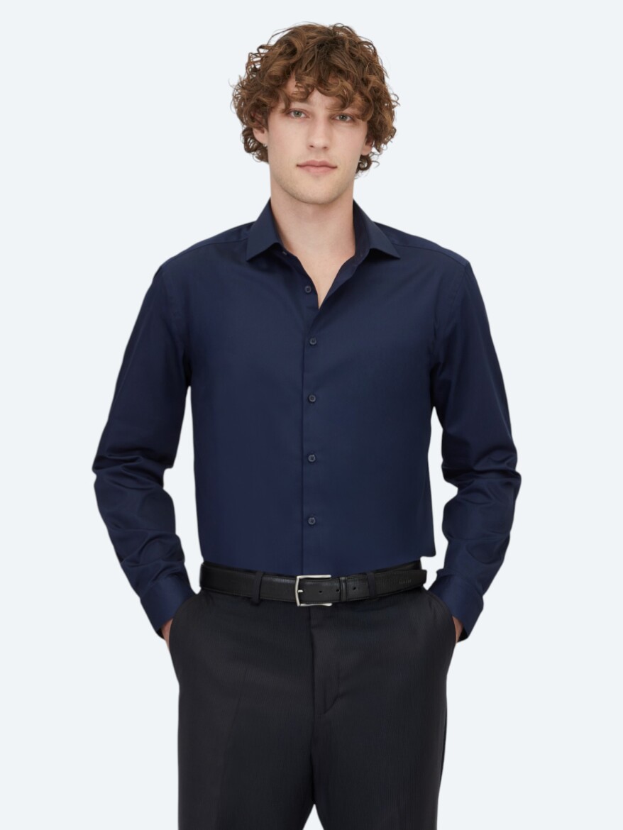 Navy Blue Plain Regular Fit Long Weaving Classical 100% Cotton Shirt 