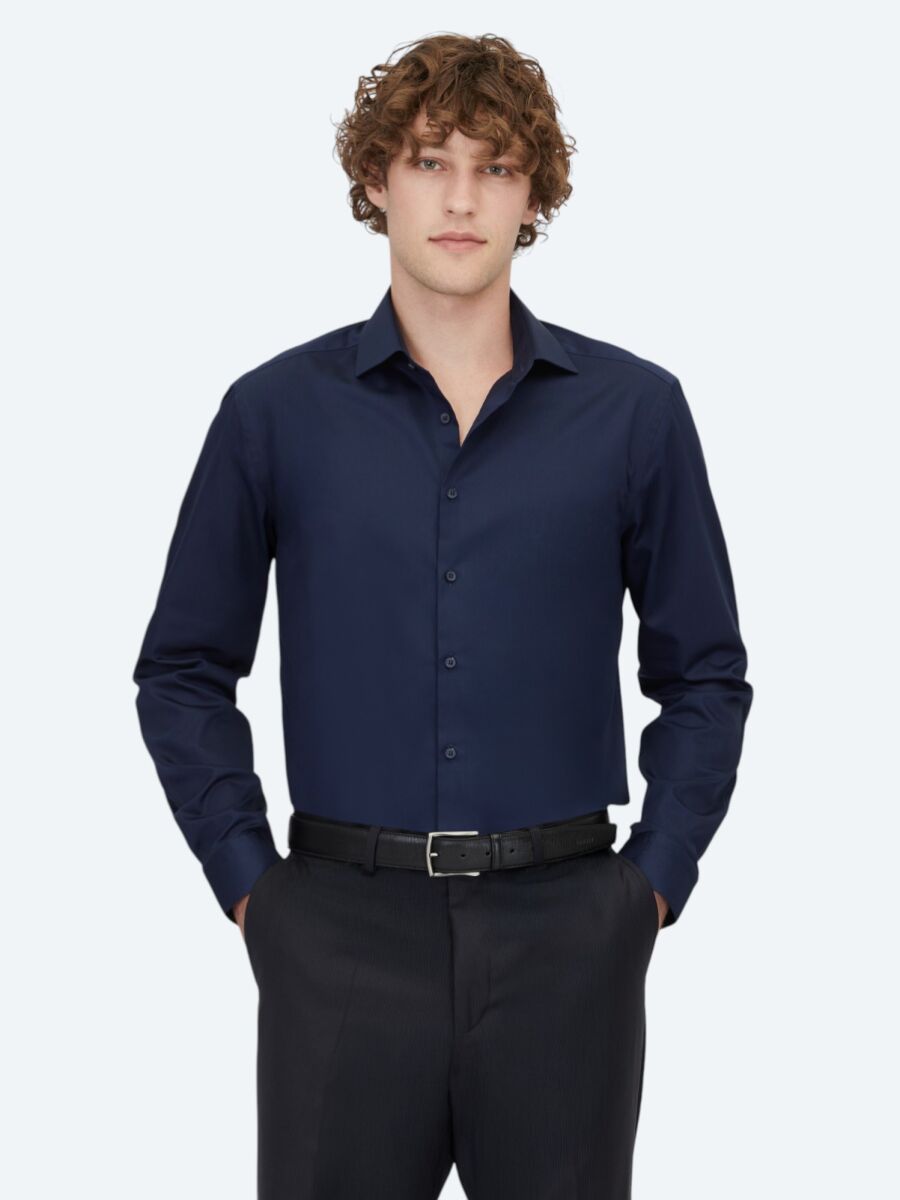 Navy Blue Plain Regular Fit Long Weaving Classical 100% Cotton Shirt - 1