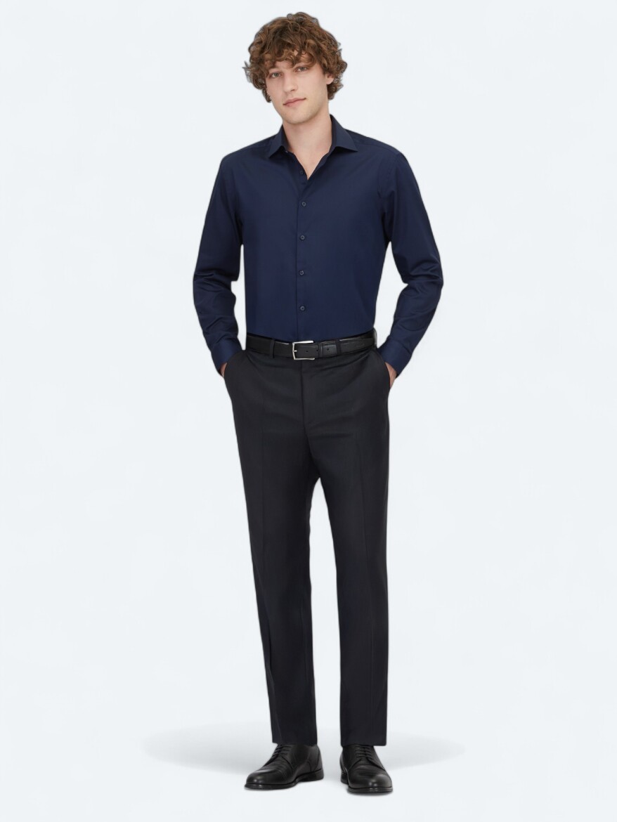 Navy Blue Plain Regular Fit Long Weaving Classical 100% Cotton Shirt - 2