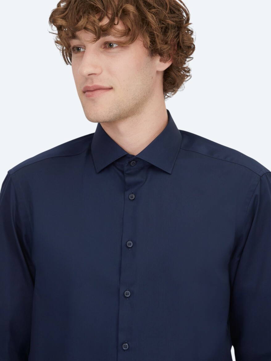 Navy Blue Plain Regular Fit Long Weaving Classical 100% Cotton Shirt - 4