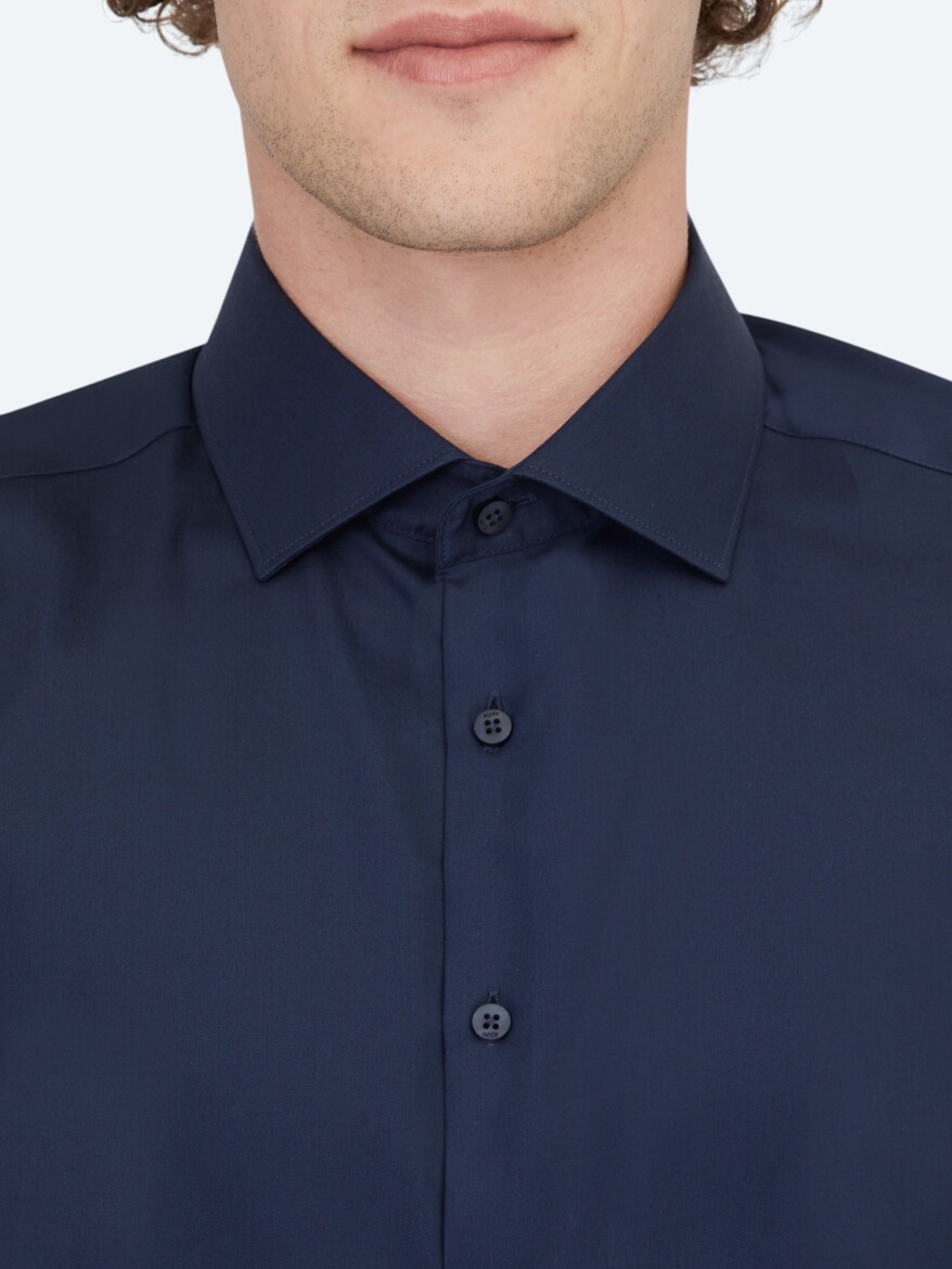 Navy Blue Plain Regular Fit Long Weaving Classical 100% Cotton Shirt - 5