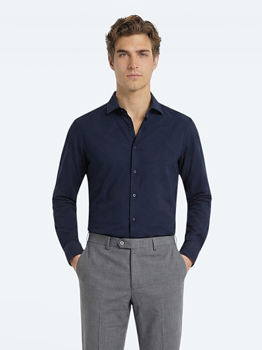 Navy Blue Plain Regular Fit Long Weaving Classical Cotton Blended Shirt 